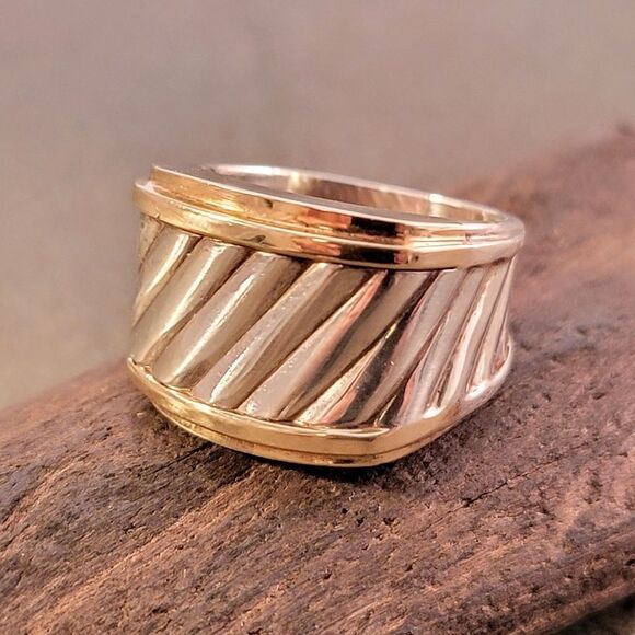 David Yurman 14k & Sterling Ribbed Cigar Band Ring - Picture 6 of 14